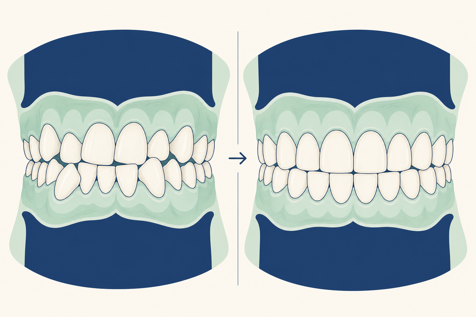Illustration comparing crowded teeth before and after orthodontic alignment
