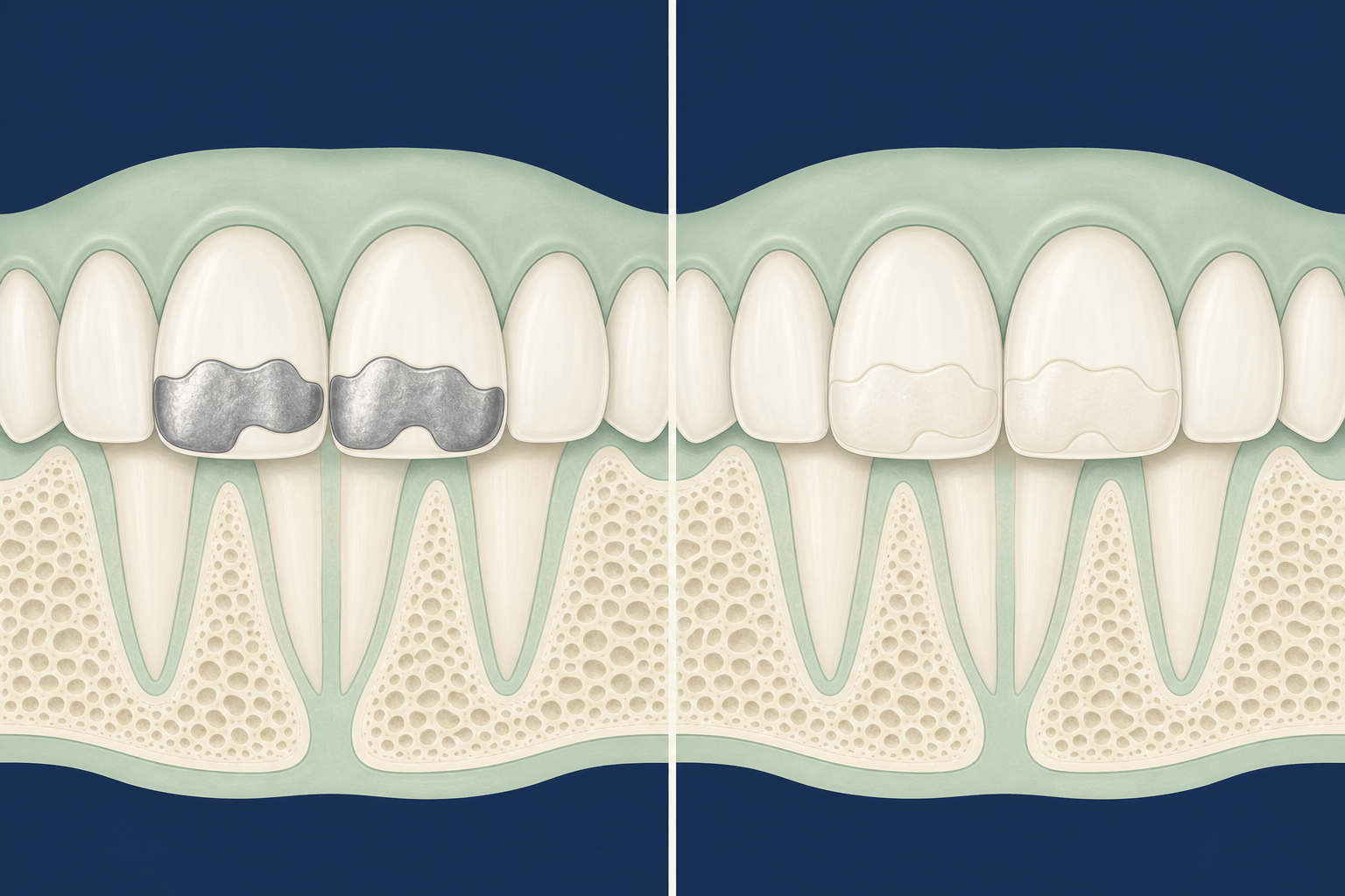 Illustrative diagram: amalgam fillings vs composite fillings
