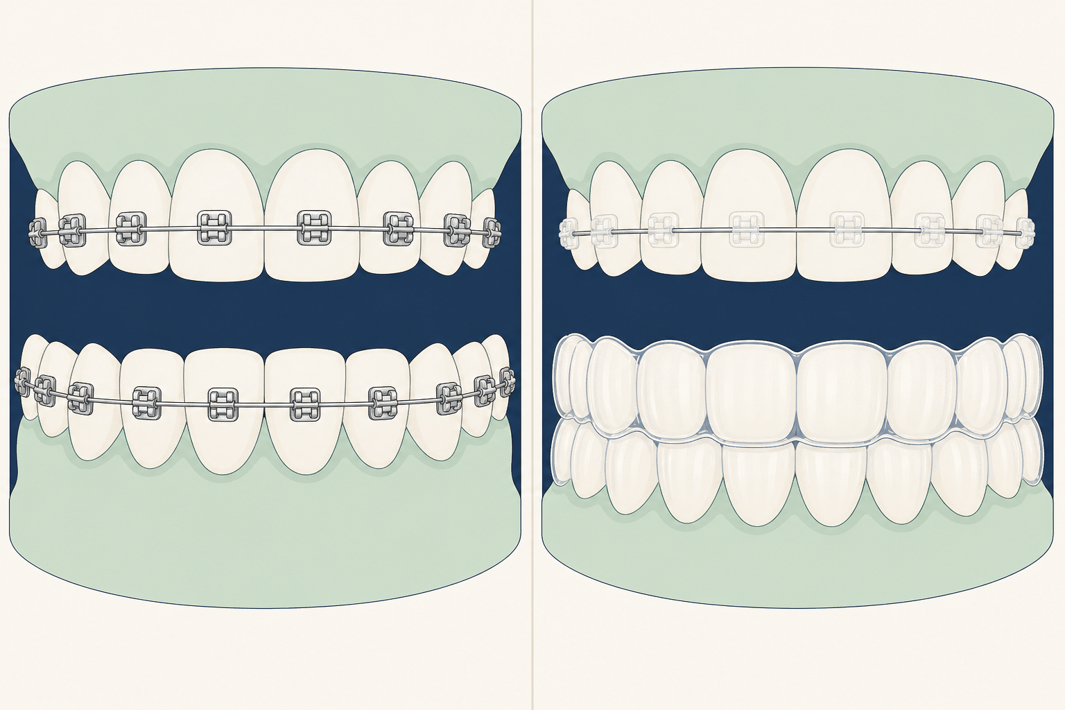Illustrative diagram: braces vs ceramic braces vs invisalign