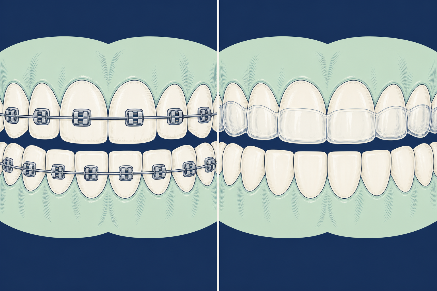 Illustrative diagram: braces vs invisalign vs veneers