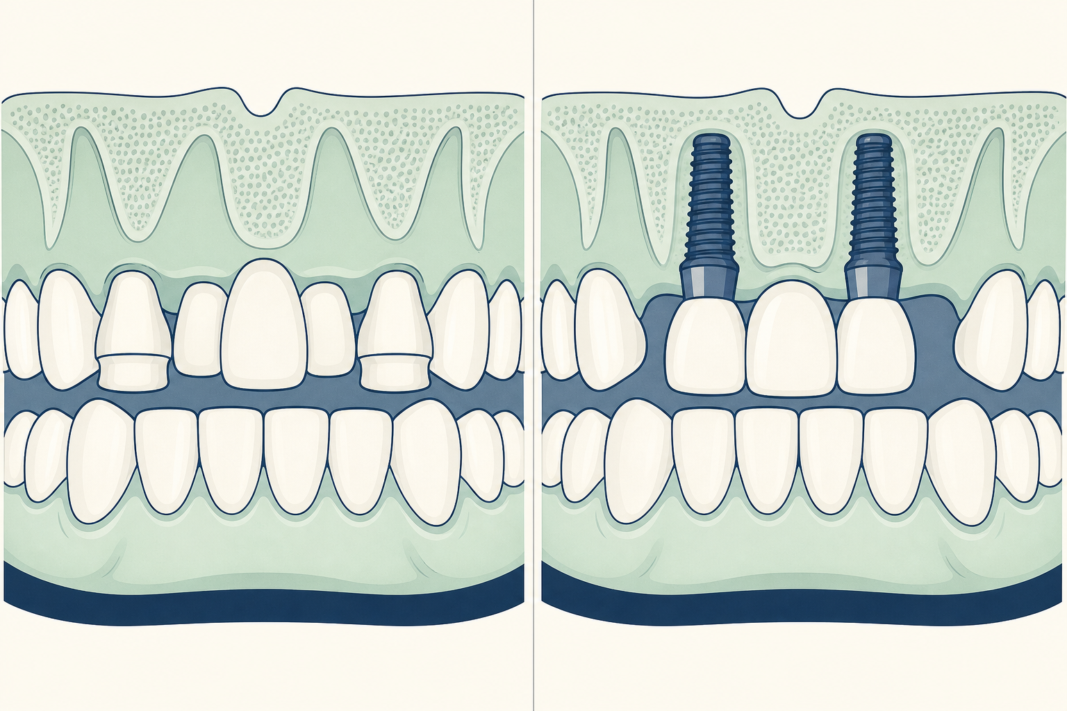 Illustrative diagram: bridges vs dental implants