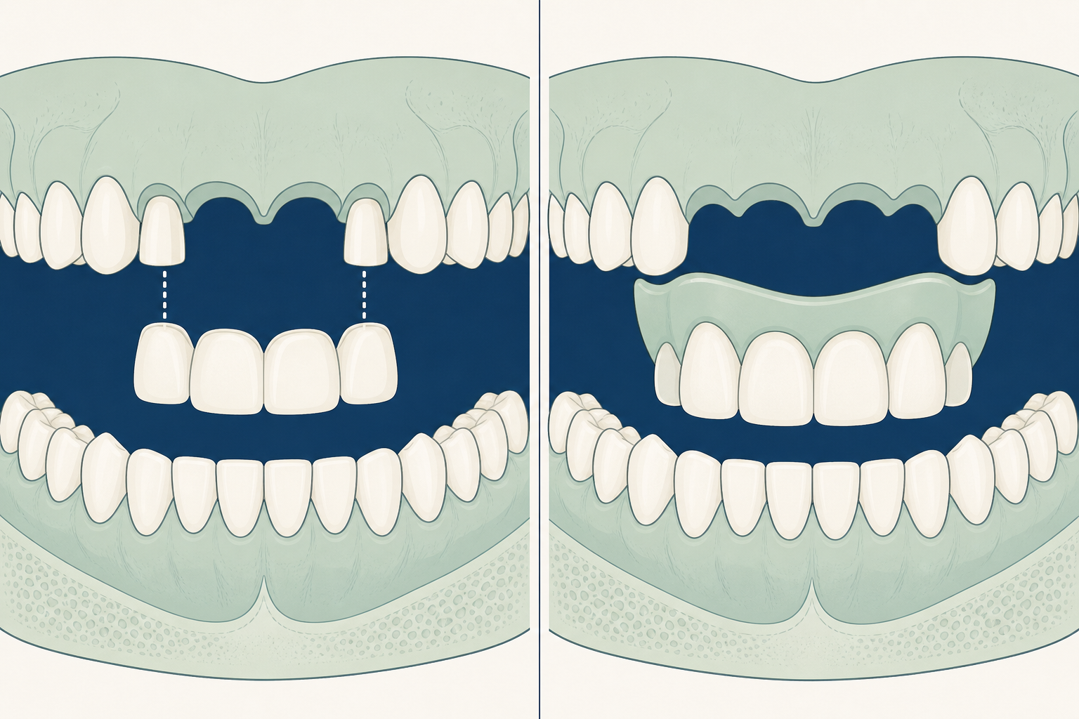 Illustrative diagram: bridges vs dentures