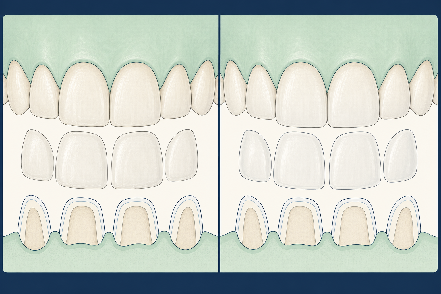Illustrative diagram: composite veneers vs porcelain veneers