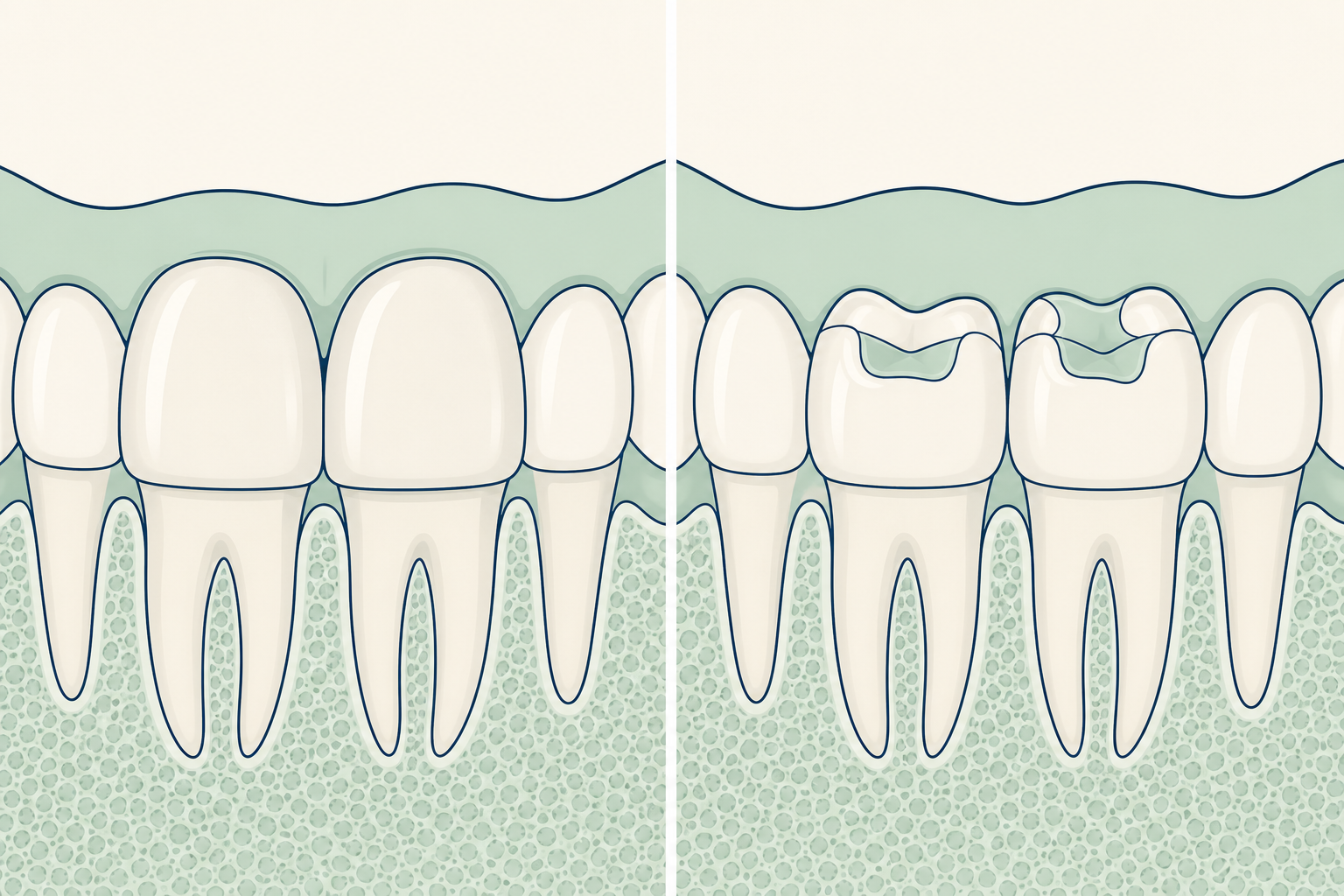 Illustrative diagram: crowns vs inlays onlays