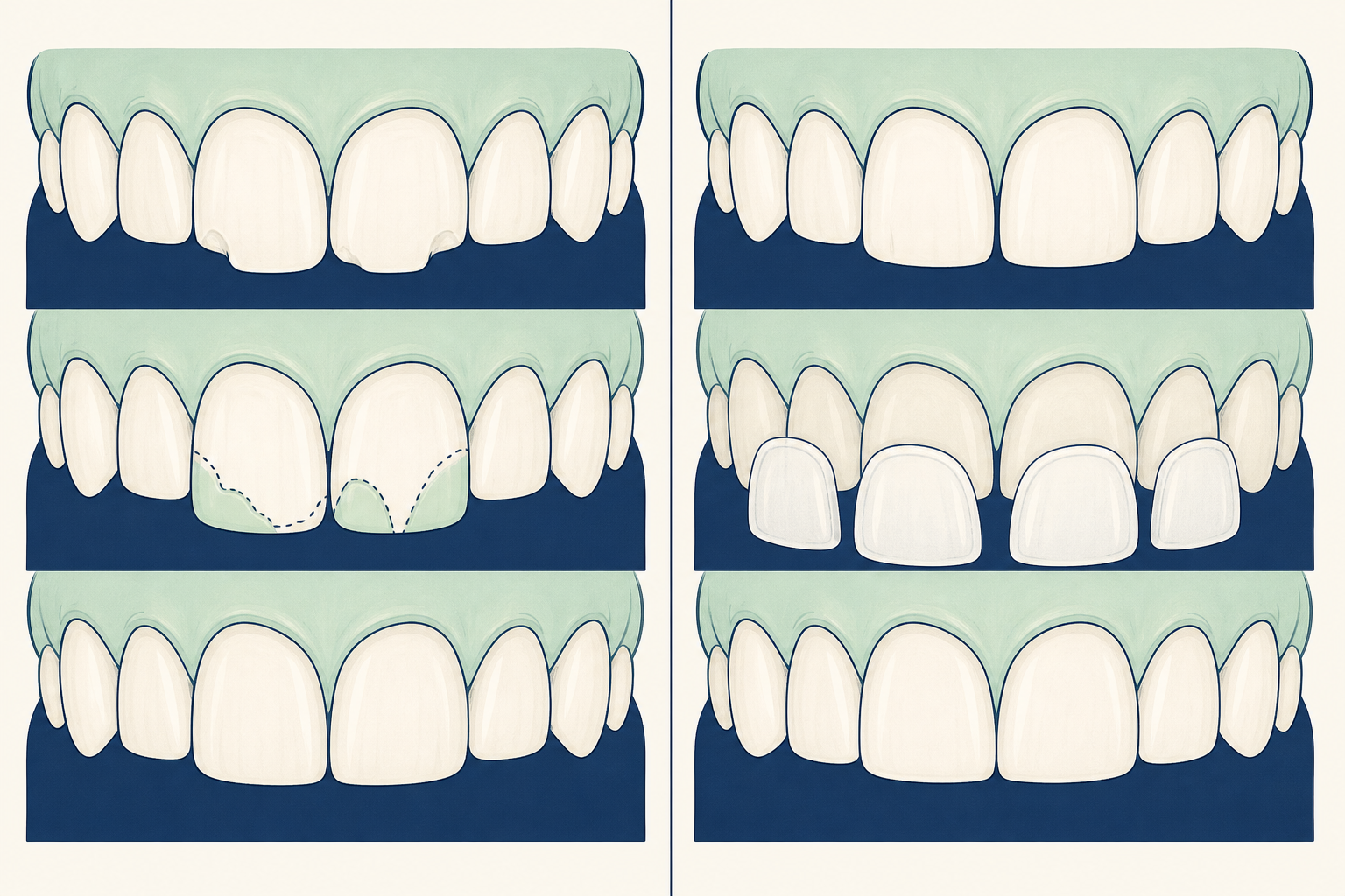 Illustrative diagram: dental bonding vs veneers