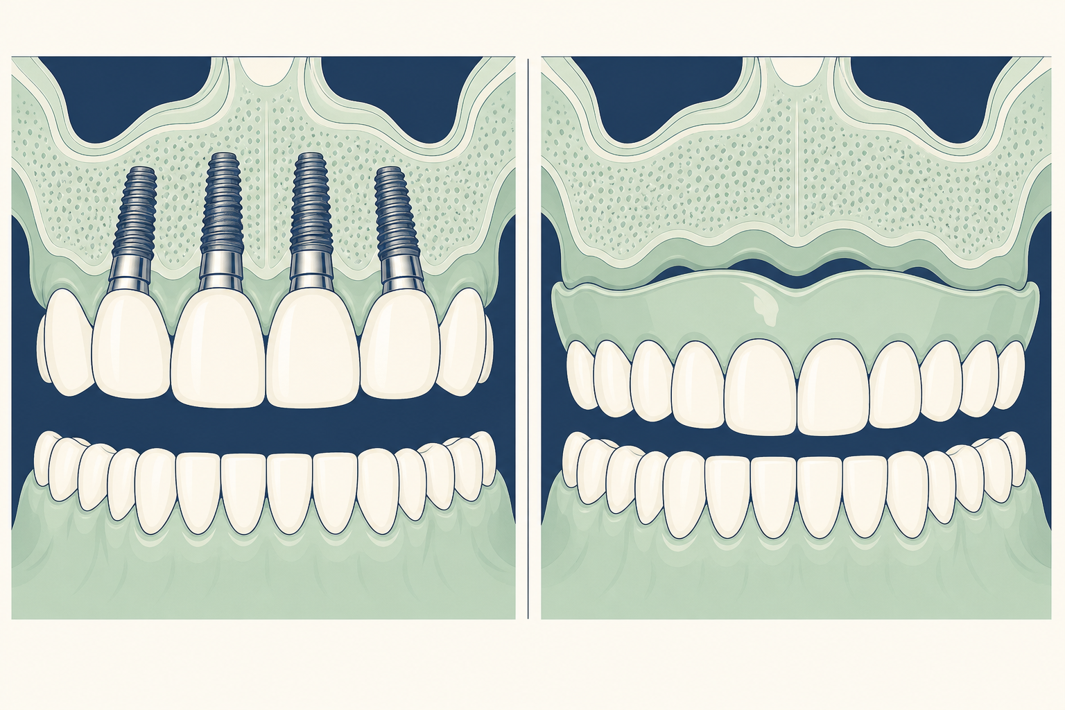Illustrative diagram: dental implants vs dentures