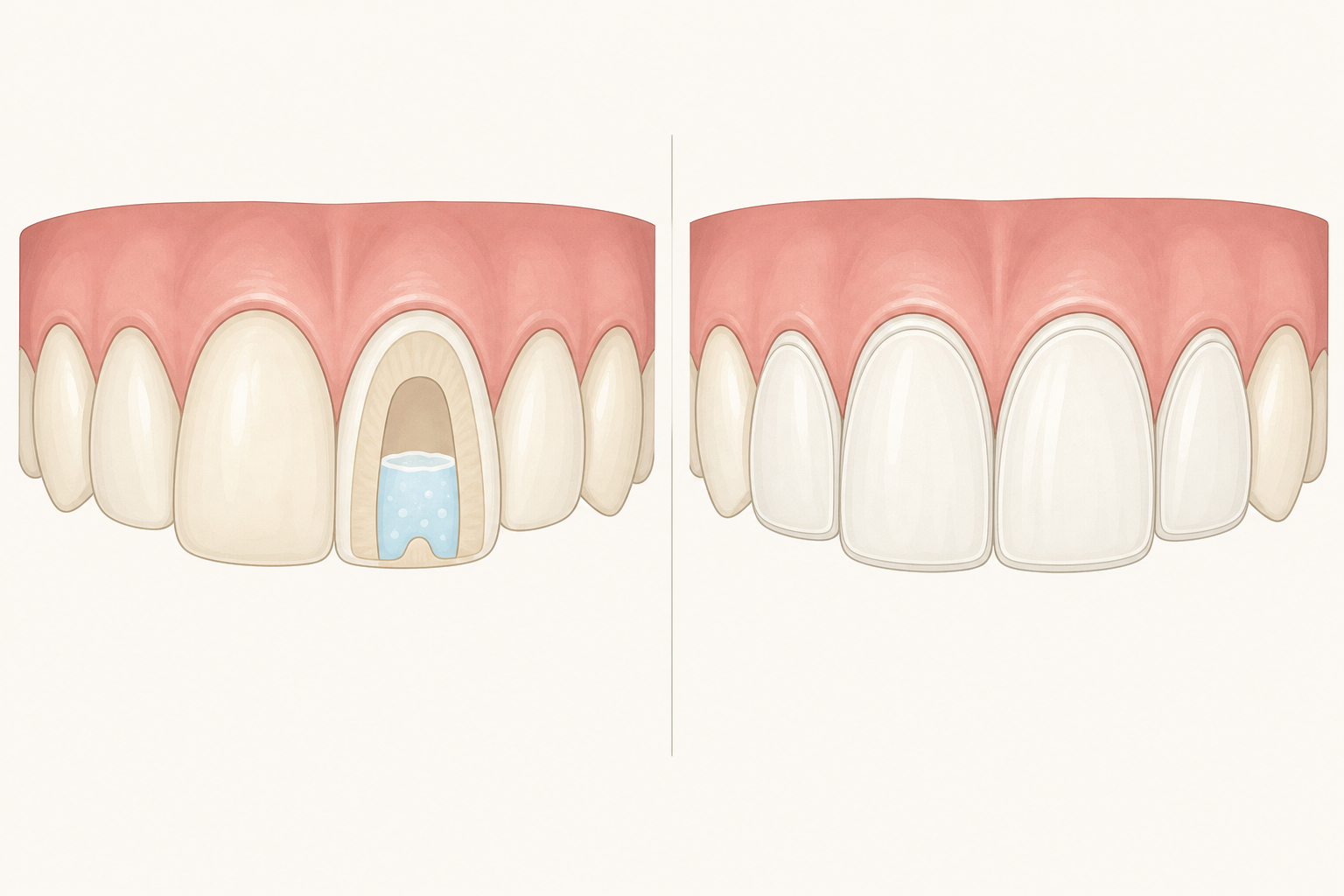 Illustrative diagram: internal bleaching vs veneers