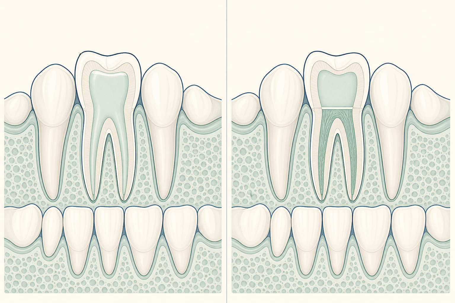 Illustrative diagram: pulpectomy vs pulpotomy