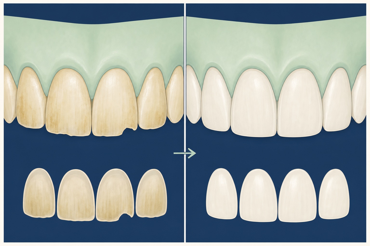 Illustration comparing front teeth before and after porcelain veneers